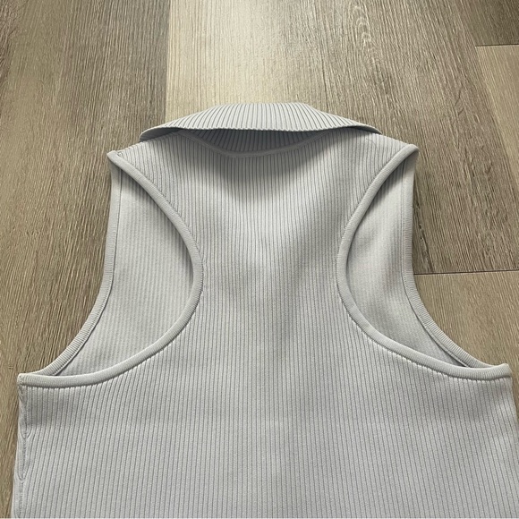 Tibi Ribbed Knit Button Snap Front Point Collared Polo Bodysuit in Light Blue - Picture 8 of 12